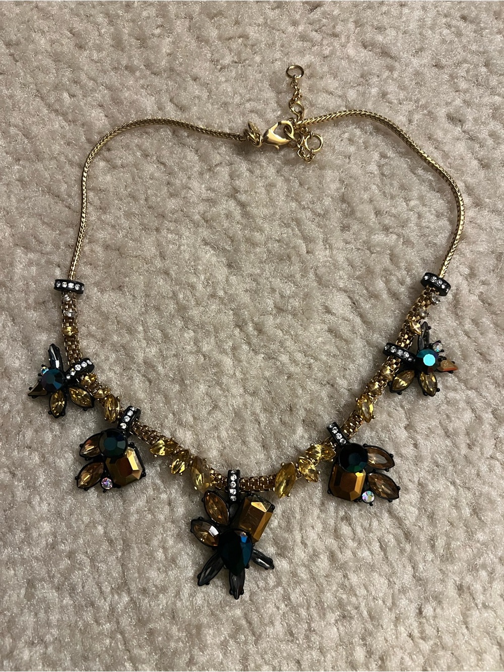 J. Crew Gold-Tone Crystal Cluster Necklace with Amber and Teal Accents